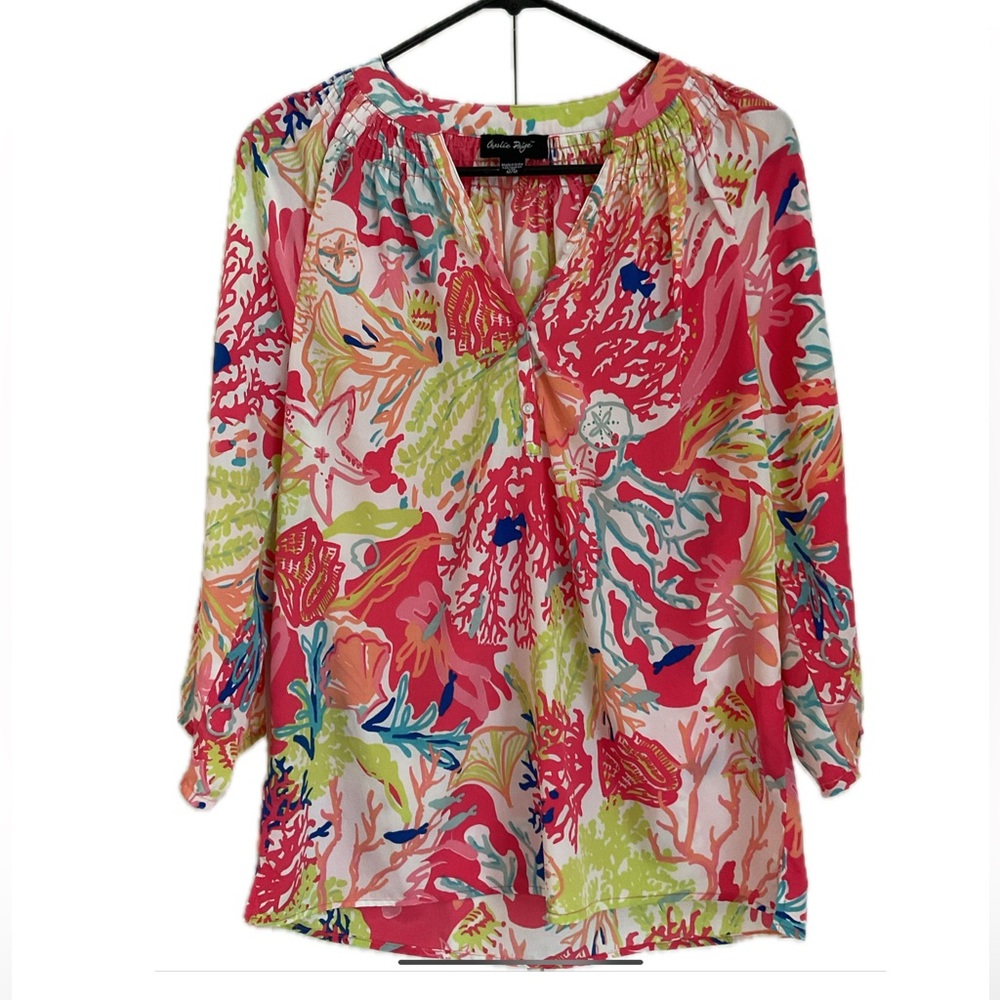Charlie Paige Sea-life Pink and Green blouse.